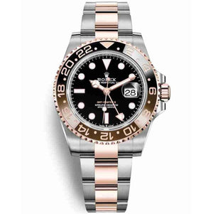 Rolex GMT-Master 40mm Men's Mirror Automatic Watch – Black Dial, Brown & Black Bezel & Two-Tone Silver & Rose Gold-Tone Stainless Steel Bracelet