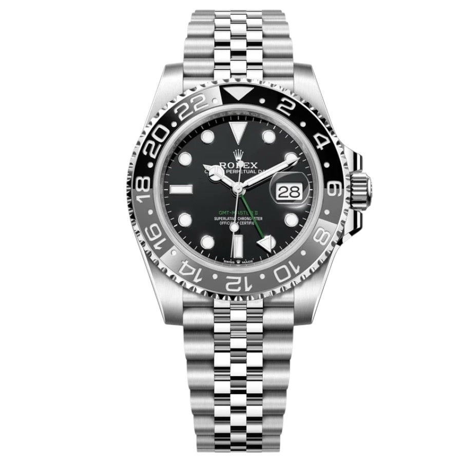 Rolex GMT-Master II 40mm Men's Mirror Automatic Watch – Black Dial, Gray & Black Bezel & Silver Stainless Steel Bracelet