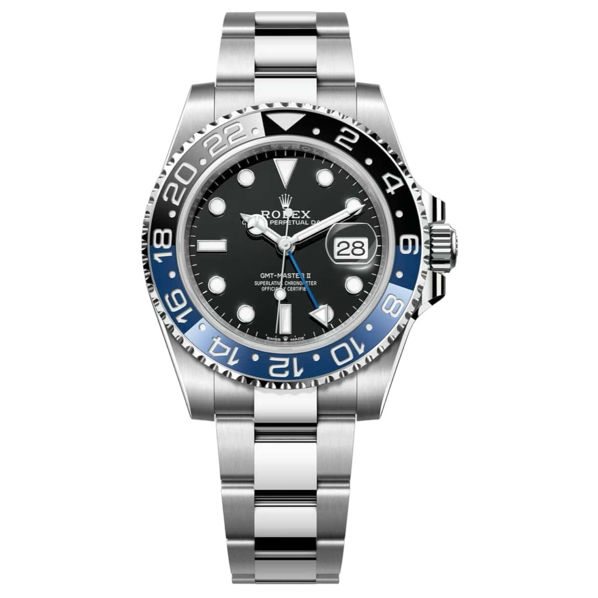 Rolex GMT-Master 40mm Men's Mirror Automatic Watch – Black Dial, Blue & Black Bezel & Silver Stainless Steel Bracelet