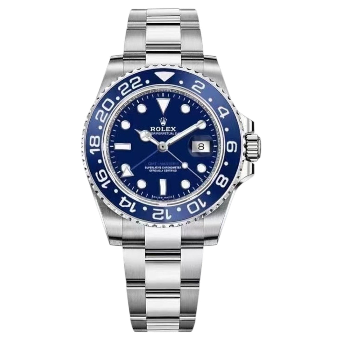 Rolex GMT-Master 40mm Men's Mirror Automatic Watch – Blue Dial, Blue Bezel & Silver Stainless Steel Three-Link Bracelet