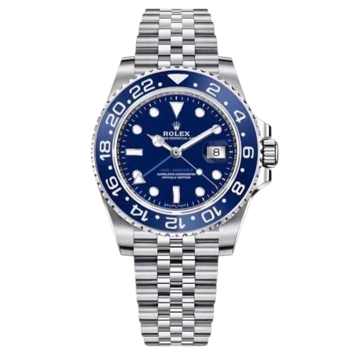 Rolex GMT-Master 40mm Men's Mirror Automatic Watch – Blue Dial, Blue Bezel & Silver Stainless Steel Five-Link Bracelet