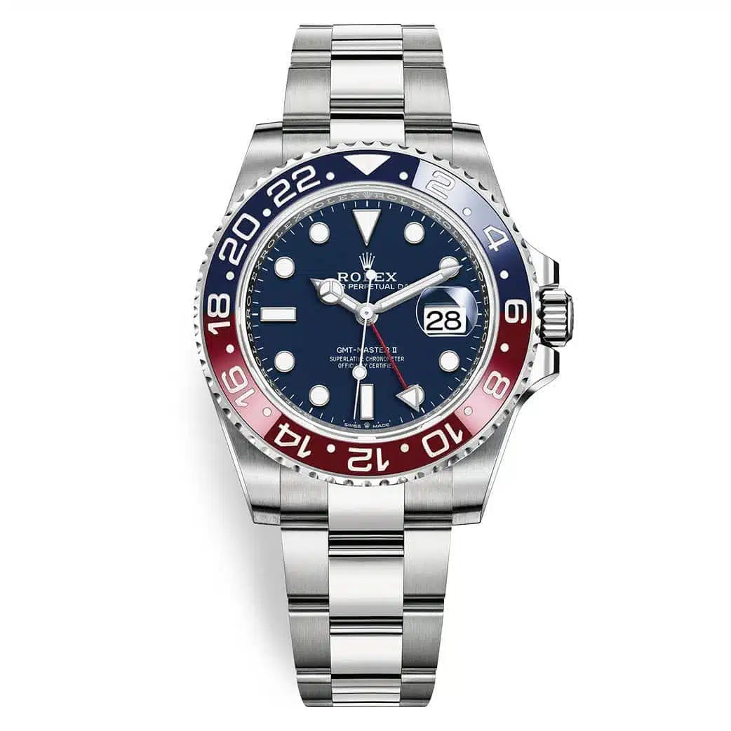 Rolex GMT-Master 40mm Men's Mirror Automatic Watch – Blue Dial, Blue & Red Bezel & Silver Stainless Steel Bracelet