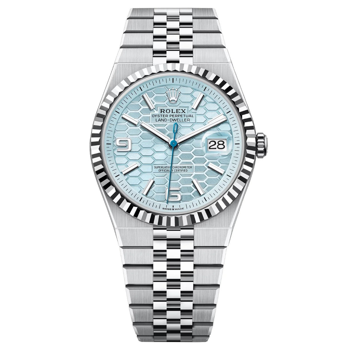 Rolex Land-Dweller 41mm Men's Mirror Automatic Watch – Ice Blue Dial & Silver Stainless Steel Bracelet