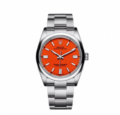 Rolex Oyster Perpetual 36mm Men's Mirror Automatic Watch – Red Dial & Silver Stainless Steel Bracelet
