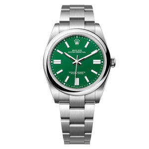 Rolex Oyster Perpetual 41mm Men's Mirror Automatic Watch – Green Dial & Silver Stainless Steel Bracelet
