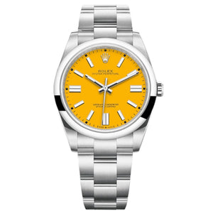 Rolex Oyster Perpetual 41mm Men's Mirror Automatic Watch – Yellow Dial & Silver Stainless Steel Bracelet