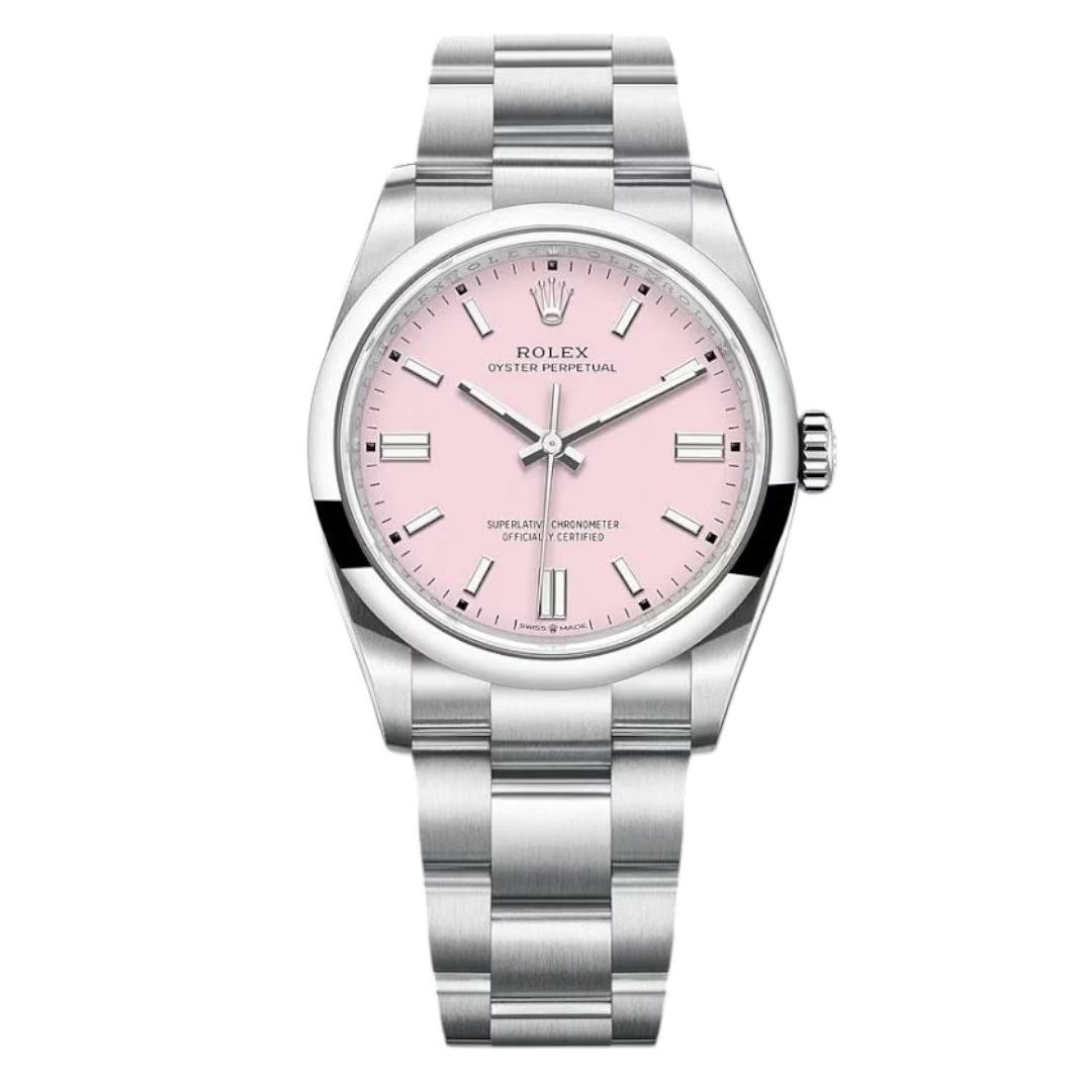 Rolex Oyster Perpetual 41mm Men's Mirror Automatic Watch – Pink Dial & Silver Stainless Steel Bracelet