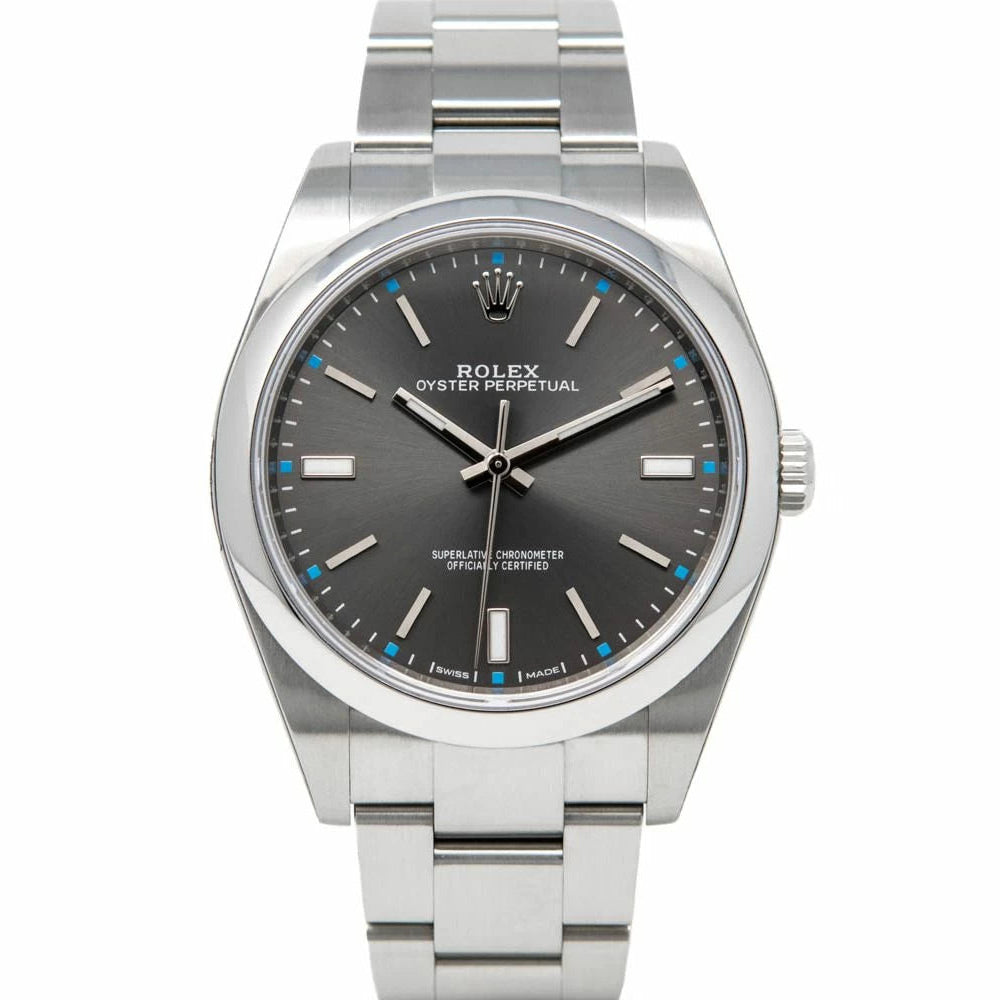 Rolex Oyster Perpetual 39mm Men's Mirror Automatic Watch – Dark Rhodium Dial & Silver Stainless Steel Bracelet