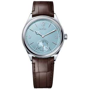 Rolex Perpetual 1908 Men's Mirror Automatic Watch – Ice Blue Dial & Dark Brown Leather Strap