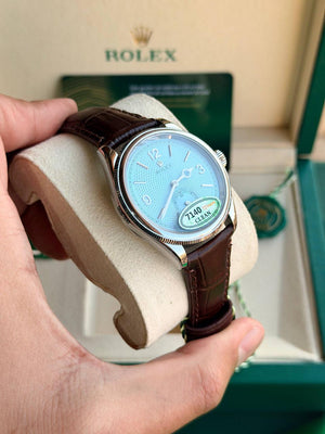 Rolex Perpetual 1908 men's mirror watch, ice blue dial, dark brown leather strap – view 10