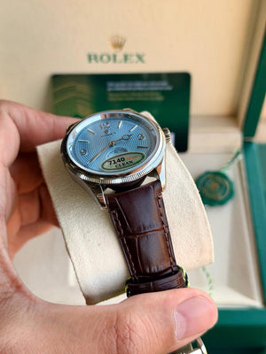 Rolex Perpetual 1908 men's mirror watch, ice blue dial, dark brown leather strap – view 11