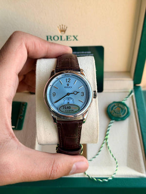 Rolex Perpetual 1908 men's mirror watch, ice blue dial, dark brown leather strap – view 12
