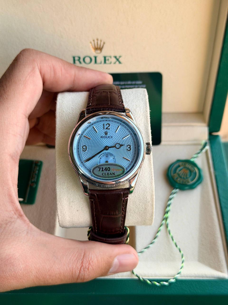 Rolex Perpetual 1908 men's mirror watch, ice blue dial, dark brown leather strap – view 12