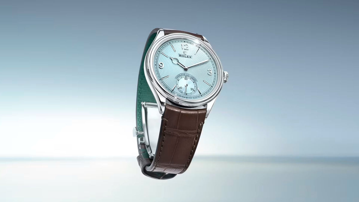 Rolex Perpetual 1908 men's mirror watch, ice blue dial, dark brown leather strap – view 13