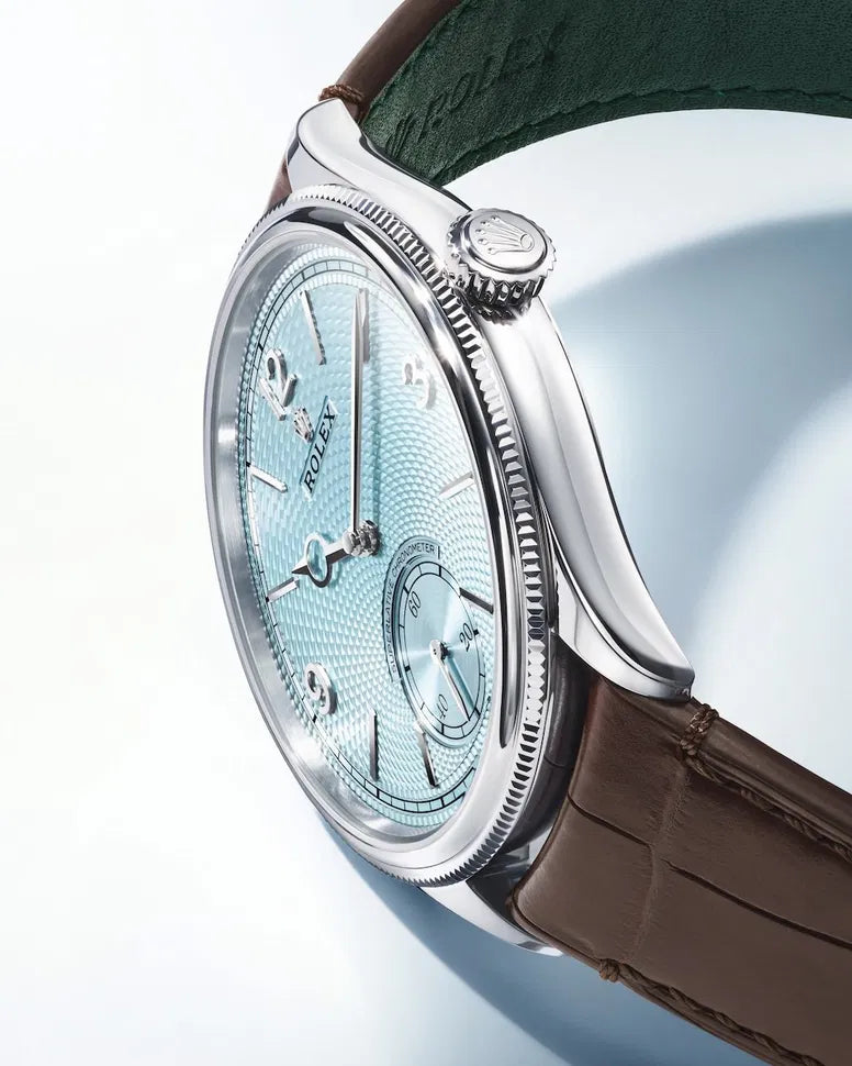 Rolex Perpetual 1908 men's mirror watch, ice blue dial, dark brown leather strap – view 2