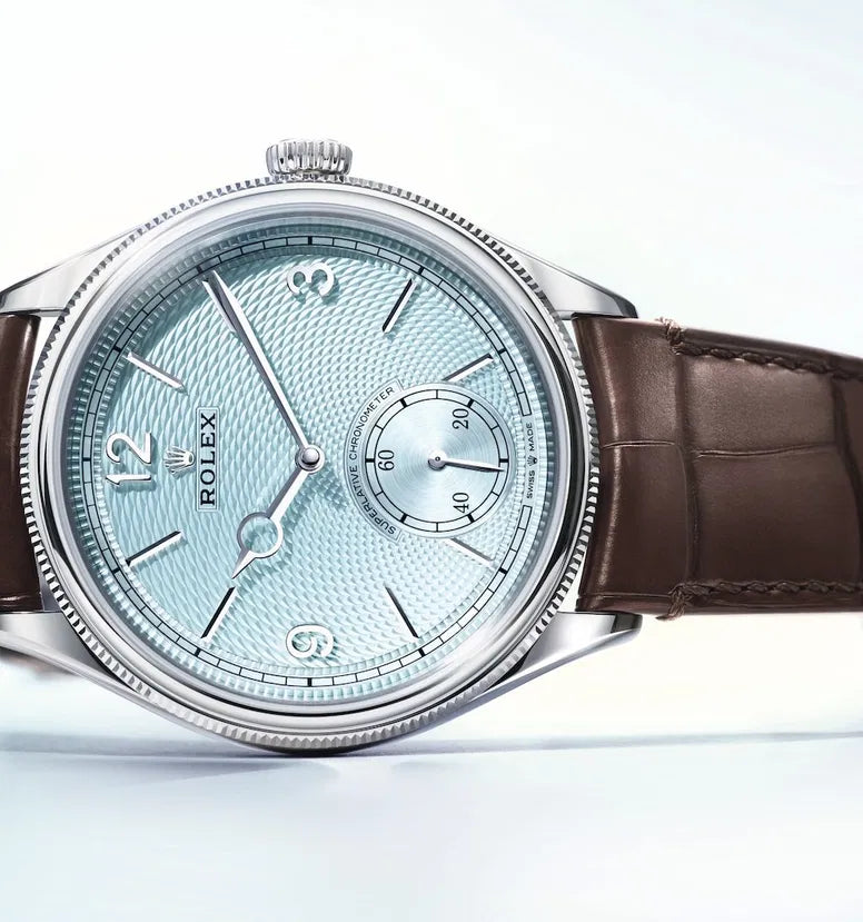 Rolex Perpetual 1908 men's mirror watch, ice blue dial, dark brown leather strap – view 3
