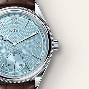 Rolex Perpetual 1908 men's mirror watch, ice blue dial, dark brown leather strap – view 4