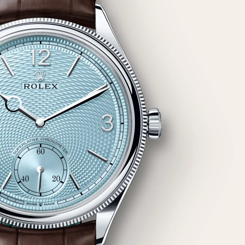 Rolex Perpetual 1908 men's mirror watch, ice blue dial, dark brown leather strap – view 4