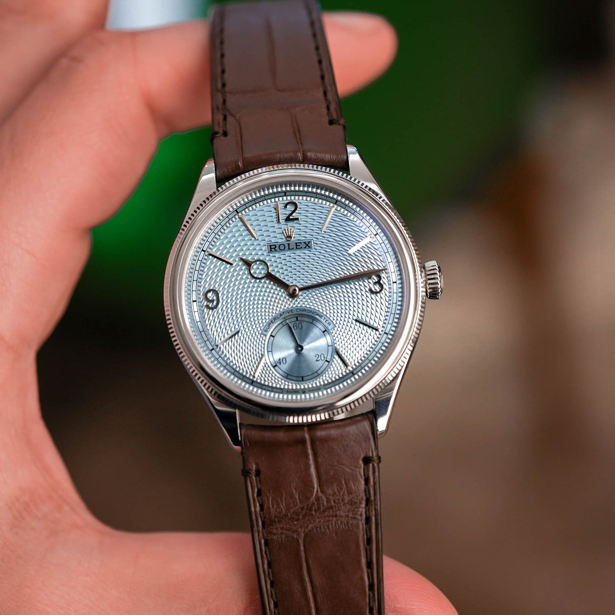 Rolex Perpetual 1908 men's mirror watch, ice blue dial, dark brown leather strap – view 5