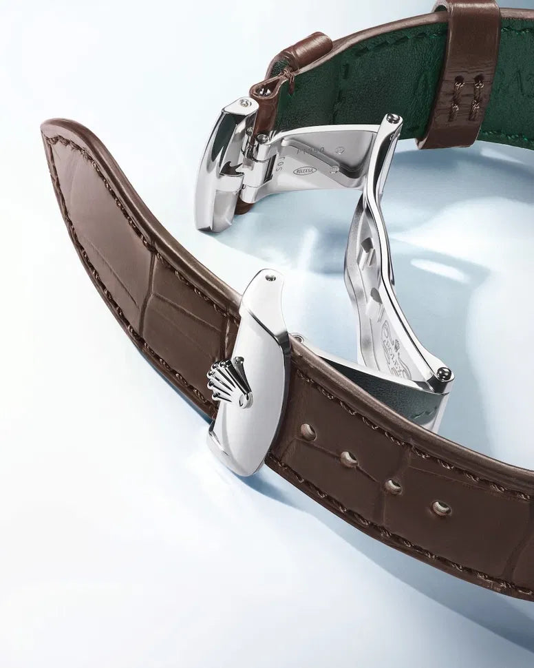Rolex Perpetual 1908 men's mirror watch, ice blue dial, dark brown leather strap – view 6