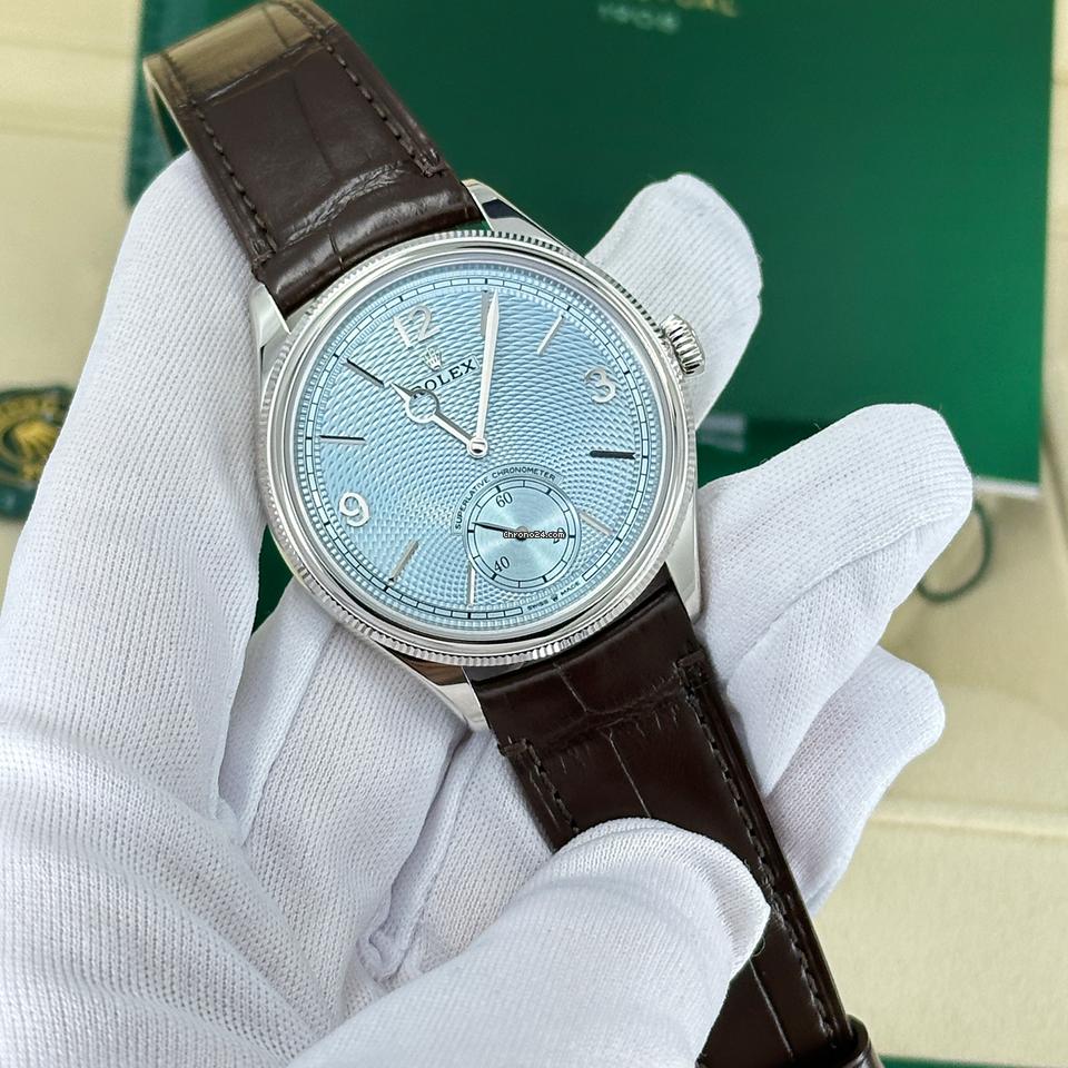 Rolex Perpetual 1908 men's mirror watch, ice blue dial, dark brown leather strap – view 7