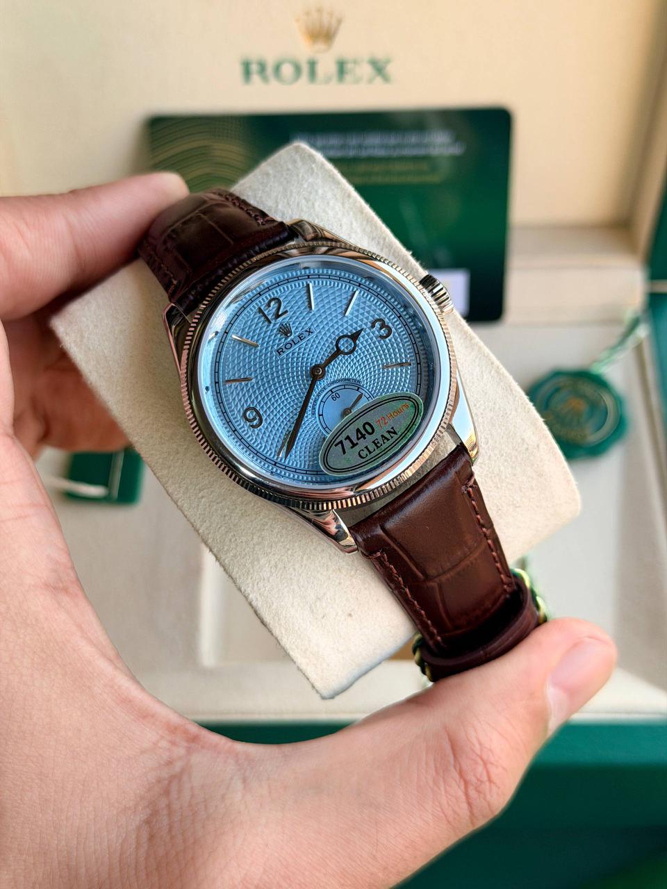 Rolex Perpetual 1908 men's mirror watch, ice blue dial, dark brown leather strap – view 8
