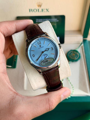Rolex Perpetual 1908 men's mirror watch, ice blue dial, dark brown leather strap – view 9