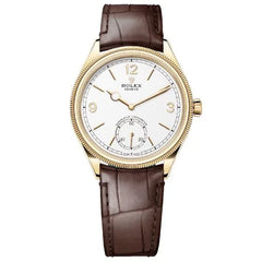 Rolex Perpetual 1908 40mm Men's Mirror Automatic Watch – White Dial, Gold-Tone Case & Brown Leather Strap