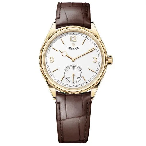 Rolex Perpetual 1908 40mm Men's Mirror Automatic Watch – White Dial, Gold-Tone Case & Brown Leather Strap