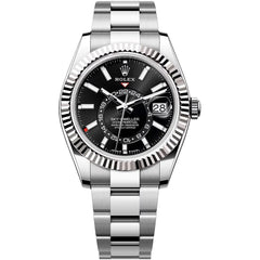 Rolex Sky-Dweller 43mm Men's Mirror Automatic Watch – Black Dial & Silver Stainless Steel Three-Link Bracelet