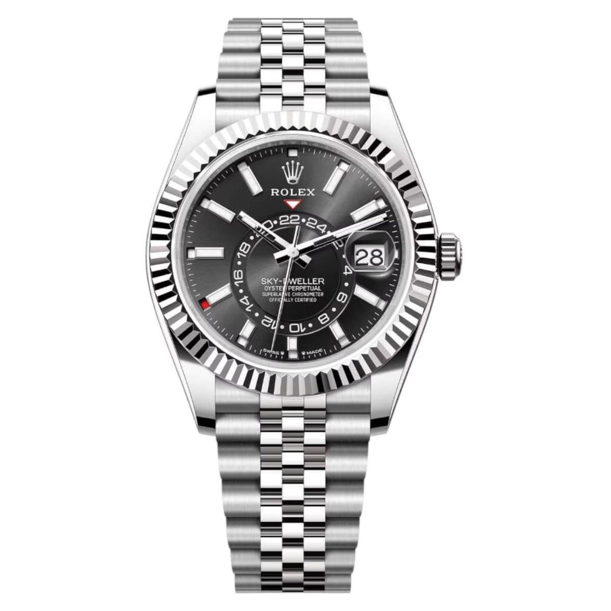 Rolex Sky-Dweller 43mm Men's Mirror Automatic Watch – Black Dial & Silver Stainless Steel Five-Link Bracelet