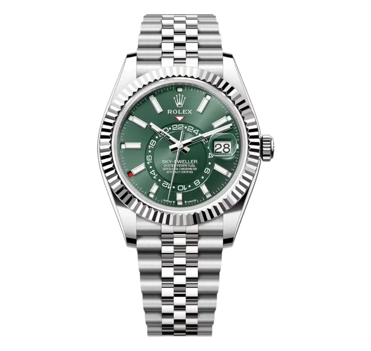 Rolex Sky-Dweller 42mm Men's Mirror Automatic Watch – Green Dial & Silver Stainless Steel Five-Link Bracelet