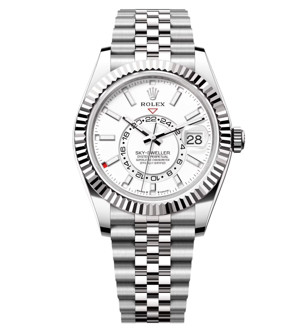 Rolex Sky-Dweller 43mm Men's Mirror Automatic Watch – White Dial & Silver Stainless Steel Five-Link Bracelet