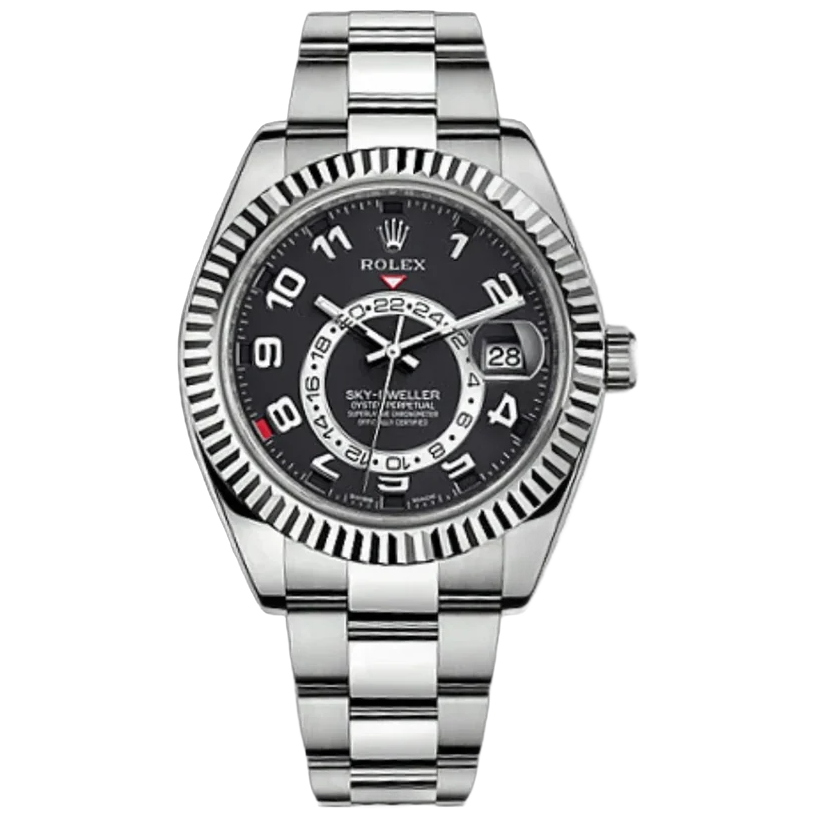 Rolex Sky-Dweller 42mm Men's Mirror Automatic Watch – Black Arabic Numeral Dial & Silver Stainless Steel Three-Link Bracelet