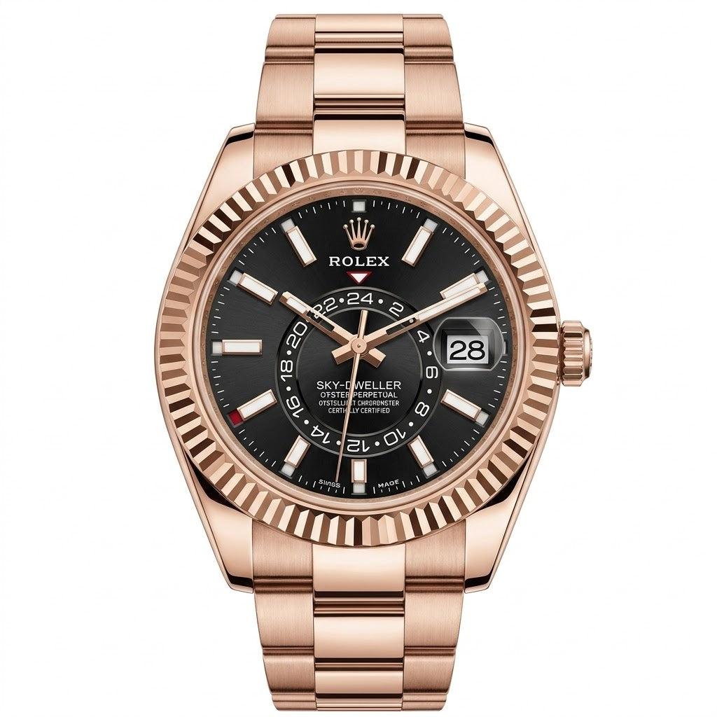 Rolex Sky-Dweller 42mm Men's Mirror Automatic Watch – Black Dial & Rose Gold-Tone Stainless Steel Three-Link Bracelet