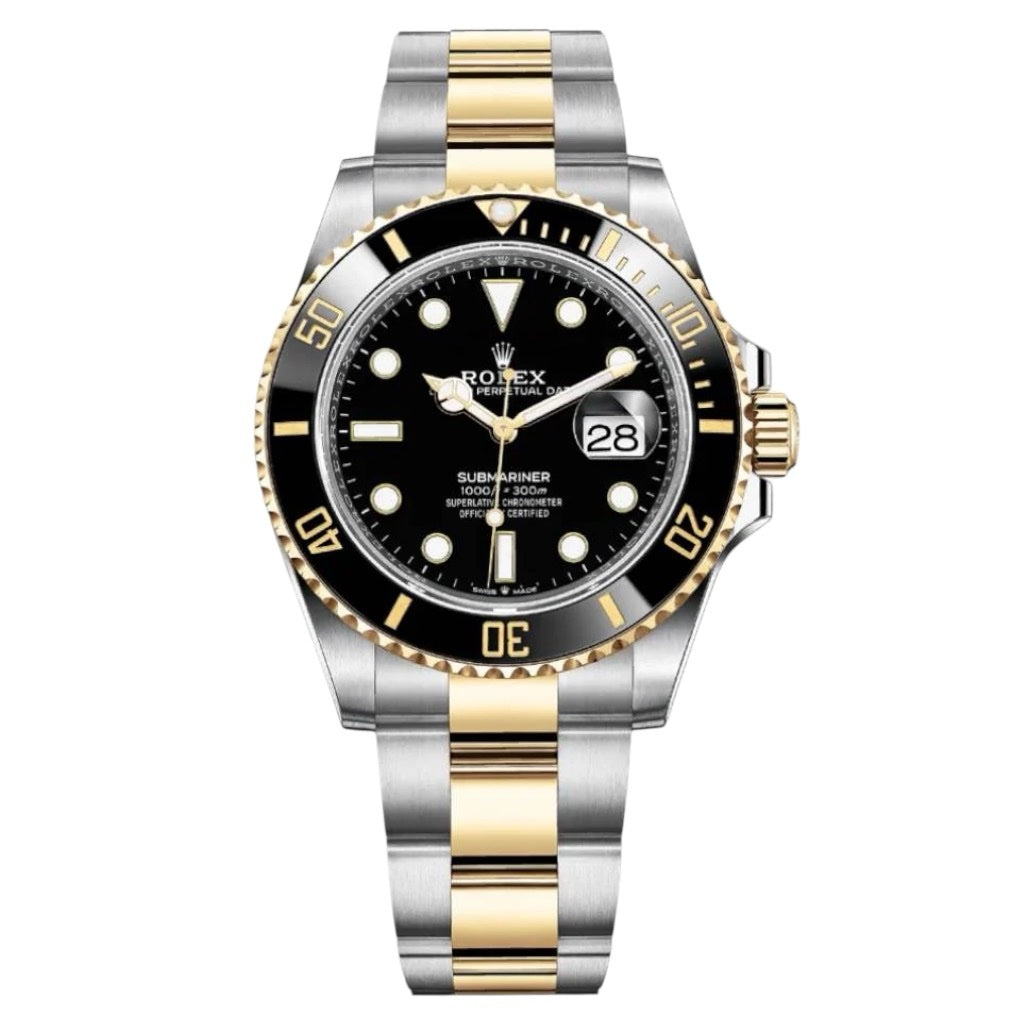 Rolex Submariner 41mm Men's Mirror Automatic Watch – Black Dial, Black Bezel & Two-Tone Silver & Gold-Tone Stainless Steel Bracelet
