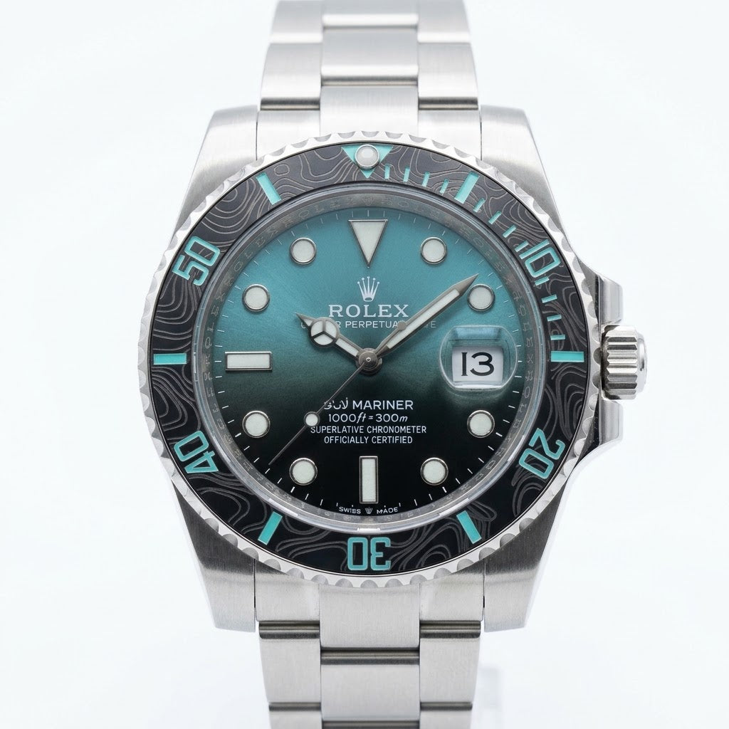 Rolex Submariner 41mm men's mirror watch, teal ombré dial, black patterned bezel – view 2