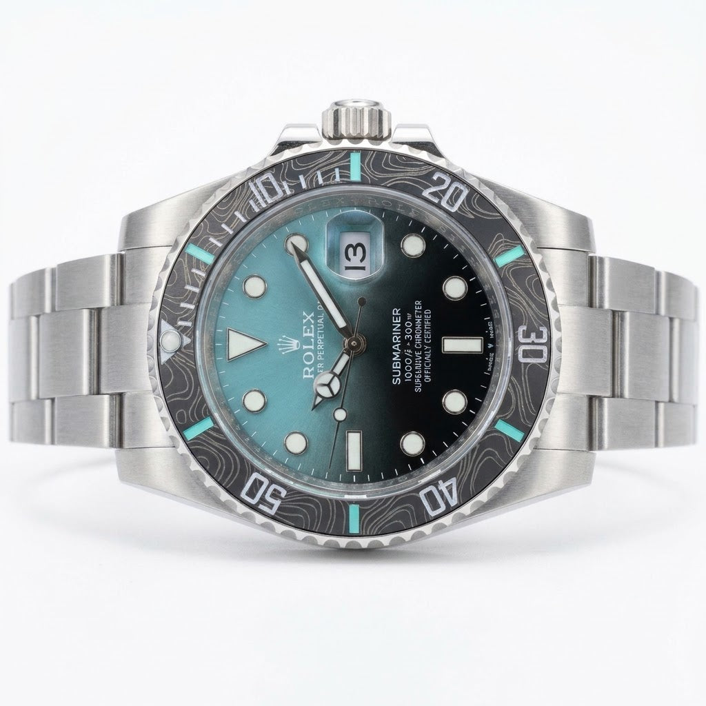 Rolex Submariner 41mm men's mirror watch, teal ombré dial, black patterned bezel – view 6