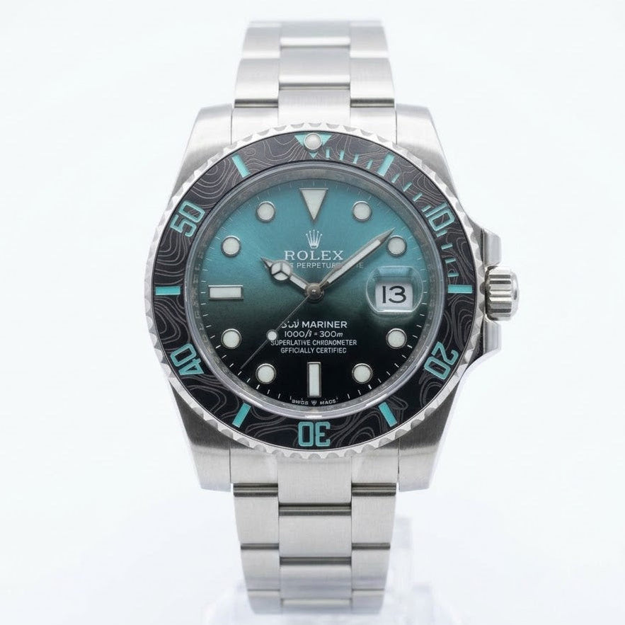 Rolex Submariner 41mm Men's Mirror Automatic Watch – Teal Ombré Dial, Black Patterned Bezel & Silver Stainless Steel Bracelet