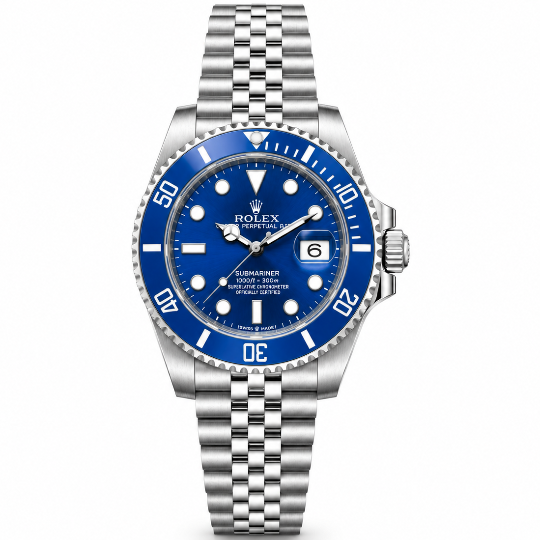 Rolex Submariner 36mm Unisex Mirror Automatic Watch – Blue Dial, Blue Bezel & Silver Stainless Steel Five-Link Bracelet