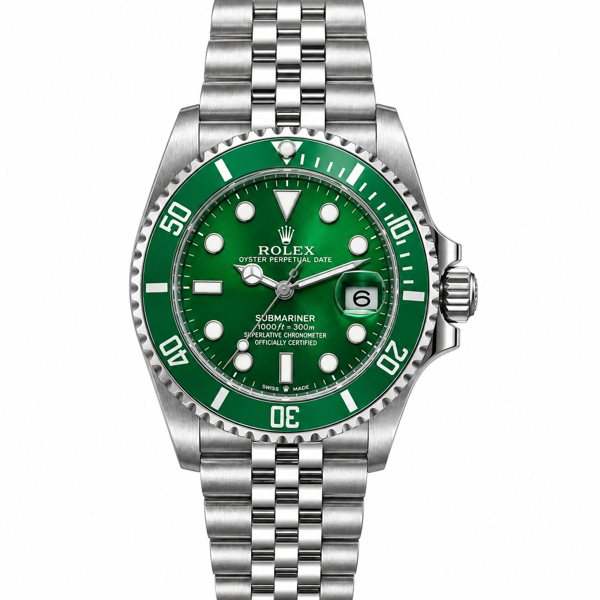 Rolex Submariner 36mm Unisex Mirror Automatic Watch – Green Dial, Green Bezel & Silver Stainless Steel Five-Link Bracelet