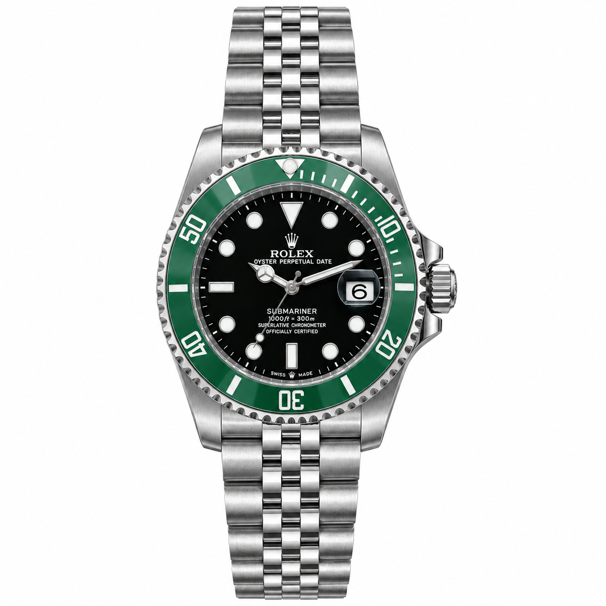 Rolex Submariner 36mm Unisex Mirror Automatic Watch – Black Dial, Green Bezel & Silver Stainless Steel Five-Link Bracelet
