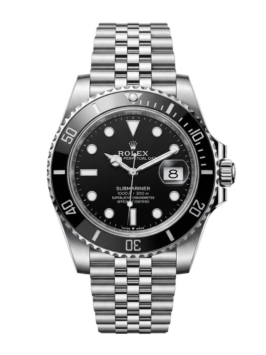 Rolex Submariner 36mm Unisex Mirror Automatic Watch – Black Dial, Black Bezel & Silver Stainless Steel Five-Link Bracelet