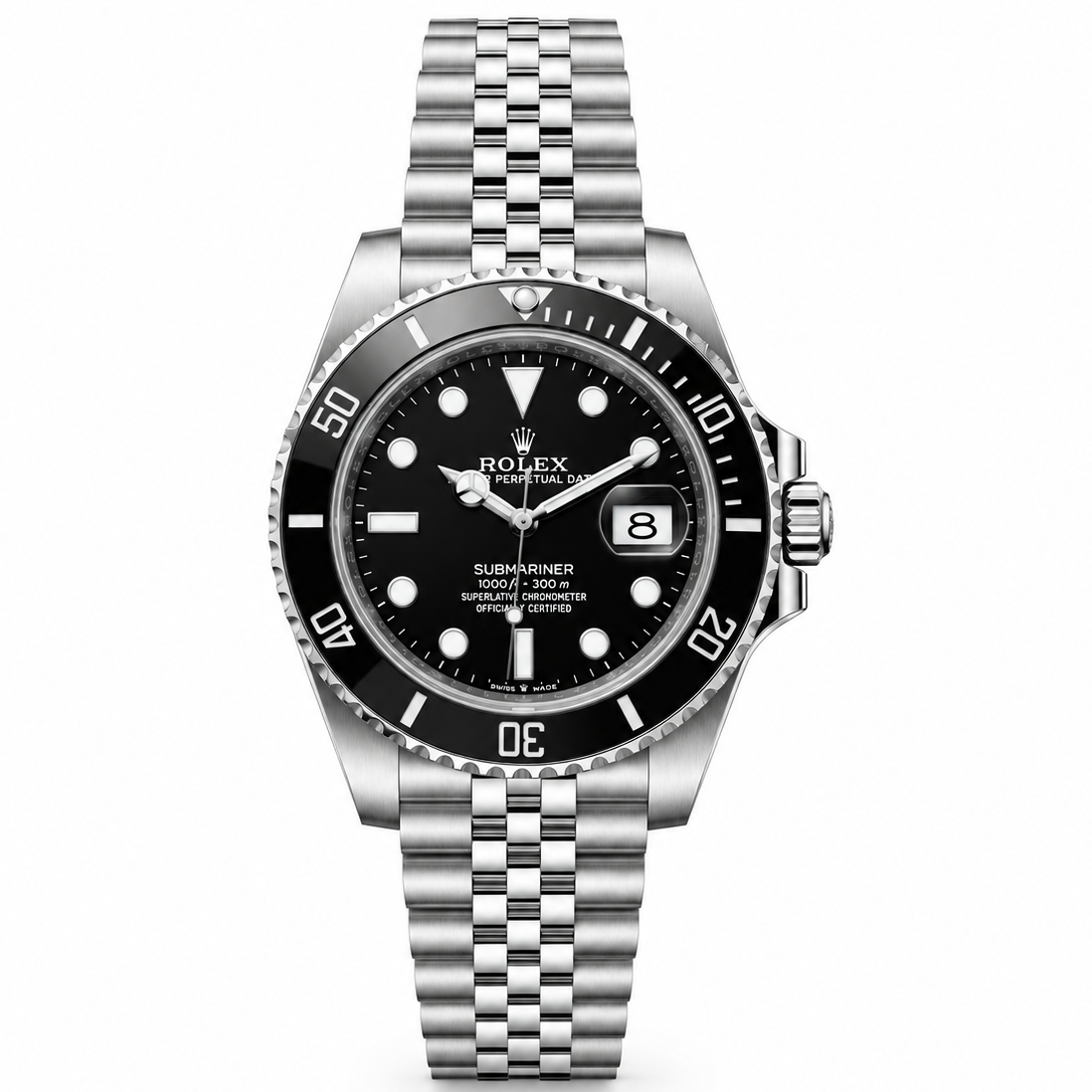 Rolex Submariner 36mm Unisex Mirror Automatic Watch – Black Dial, Black Bezel & Silver Stainless Steel Five-Link Bracelet