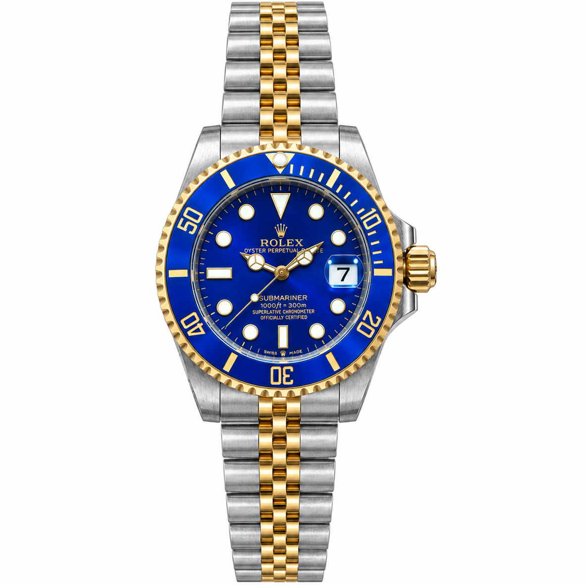 Rolex Submariner 36mm Unisex Mirror Automatic Watch – Blue Dial, Blue Bezel & Two-Tone Silver & Gold-Tone Stainless Steel Five-Link Bracelet