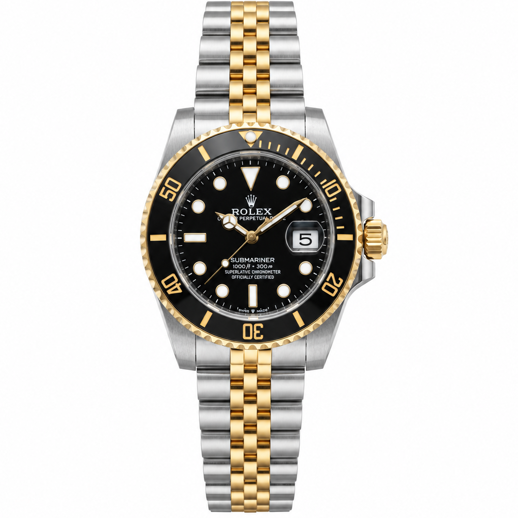 Rolex Submariner 36mm Unisex Mirror Automatic Watch – Black Dial, Black Bezel & Two-Tone Silver & Gold-Tone Stainless Steel Five-Link Bracelet