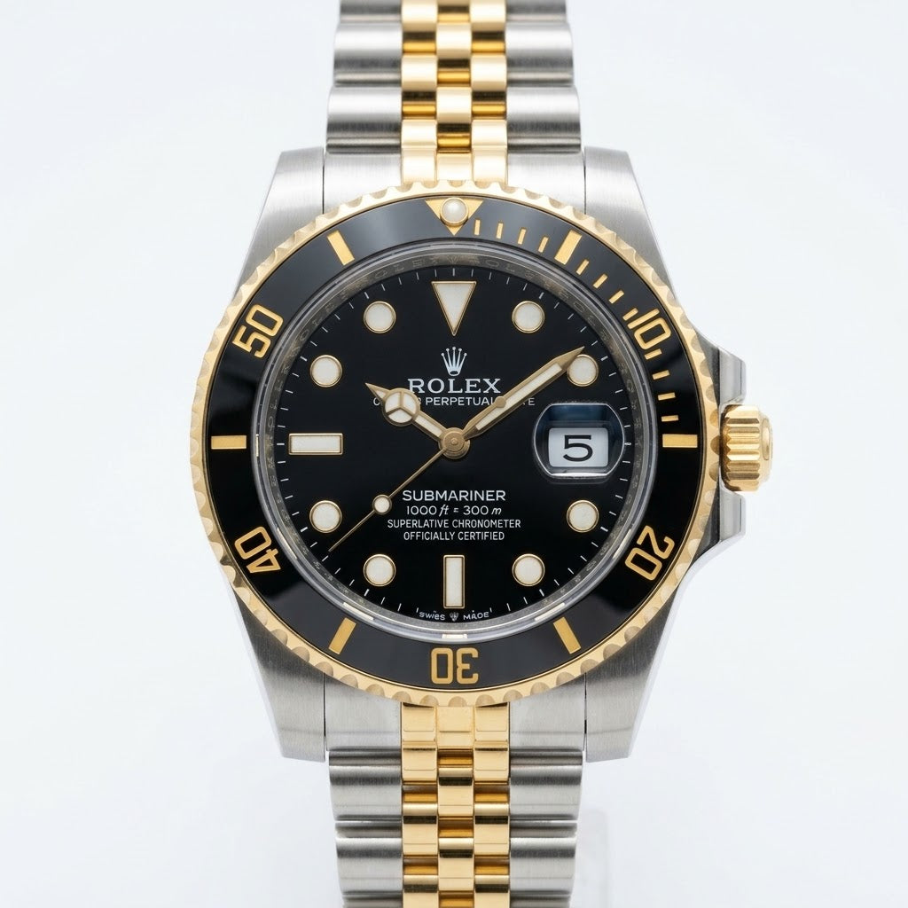Rolex Submariner 36mm Unisex Mirror Automatic Watch – Black Dial, Black Bezel & Two-Tone Silver & Gold-Tone Stainless Steel Five-Link Bracelet