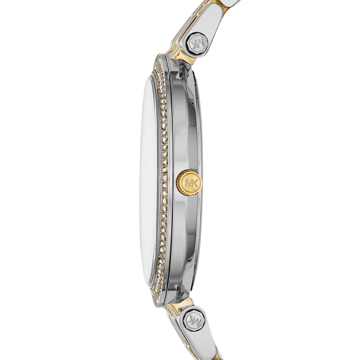 عرض جانبي لساعة Michael Kors MK3215 يوضح التصميم النحيف وتداخل السيلفر والذهبي