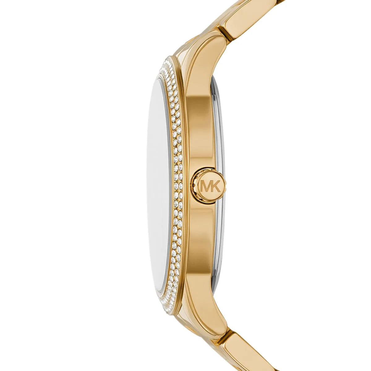 عرض جانبي لساعة Michael Kors MK6879 يوضح بريق الذهب وفصوص الكريستال