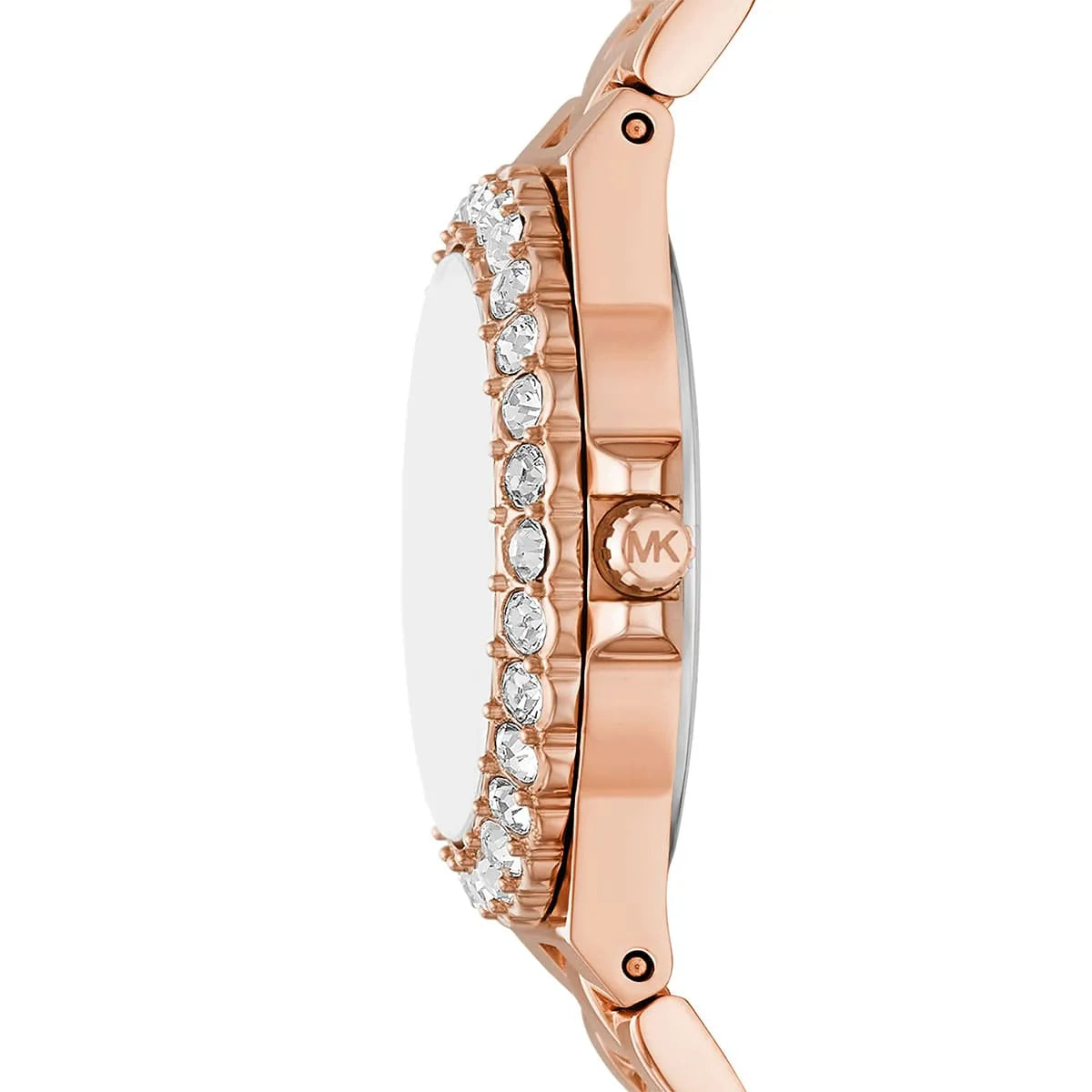 عرض جانبي لساعة Michael Kors MK7396 يوضح بريق الروز جولد وتصميم الهيكل القوي
